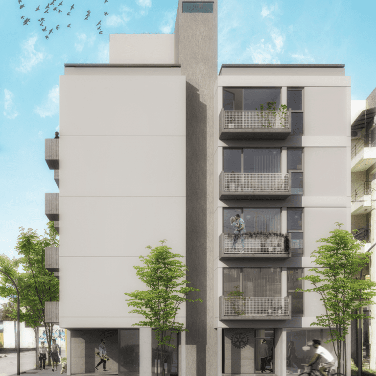 Render de vista exterior lateral de la fachada