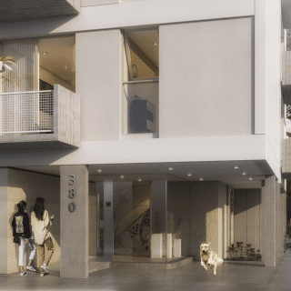 Render de vista exterior en perspectiva del hall de accesso