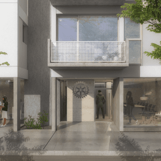 Render de vista exterior frontal del hall de accesso