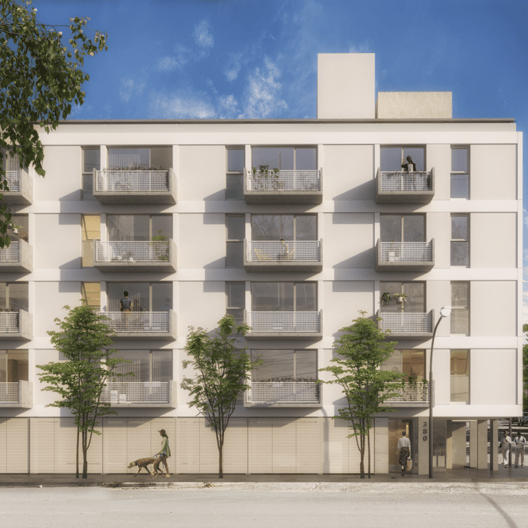 Render de vista exterior frontal de la fachada