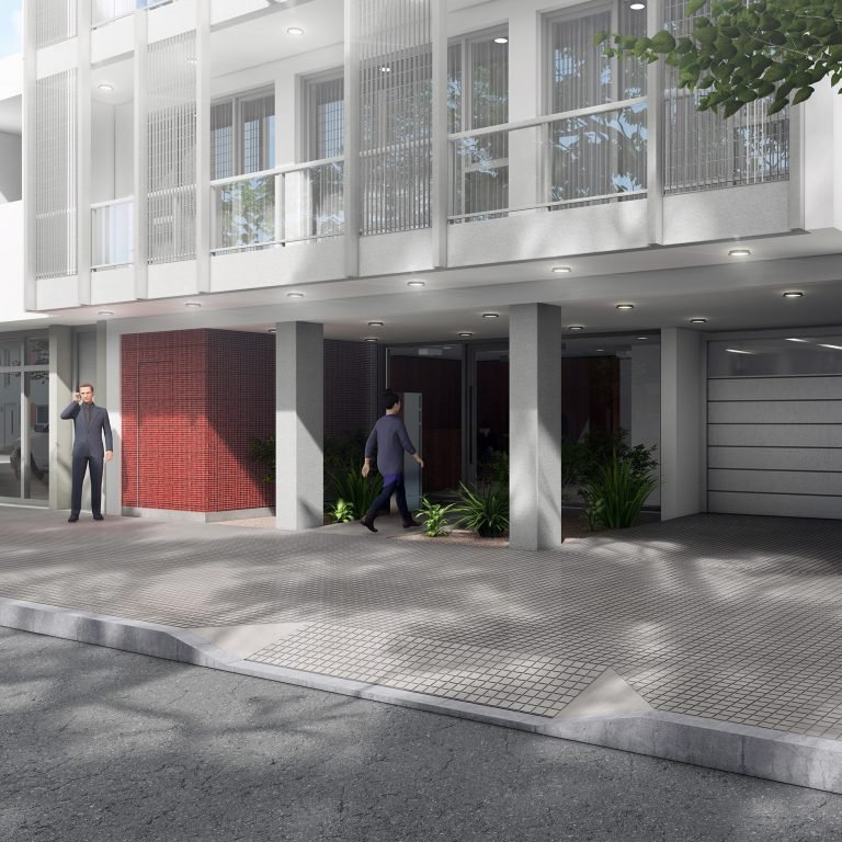 Render de vista exterior del hall de entrada