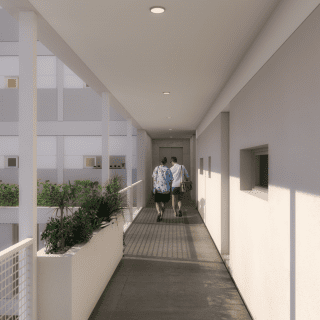 Render de vista interiro de los pasillos del pulmón del complejo