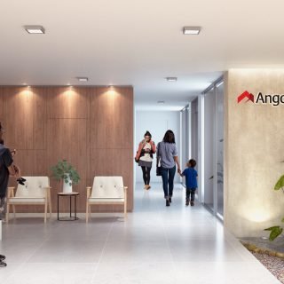 Render de vista frontal del hall interior