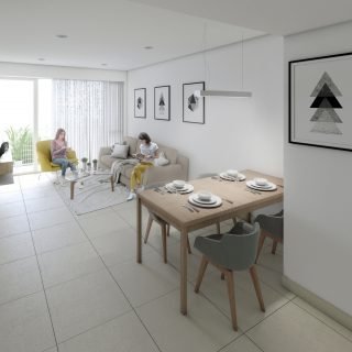 Render de vista de ingreso al living de una de las unidades