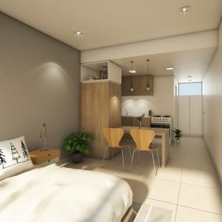 Render de vista en perspectiva del living dormitorio de una de las unidades