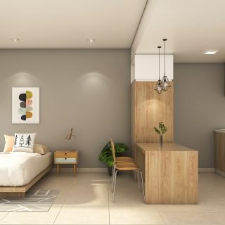 Render de vista lateral del living dormitorio de una de las unidades