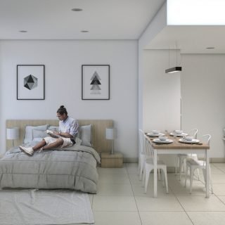Render de vista del living de una de las unidades